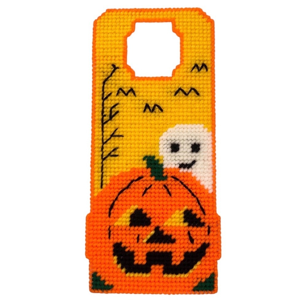 VINTAGE Halloween 80s 90s Lot of 2 Needlepoint Door Hanger Witch Pumpkin Ghost - Picture 5 of 7